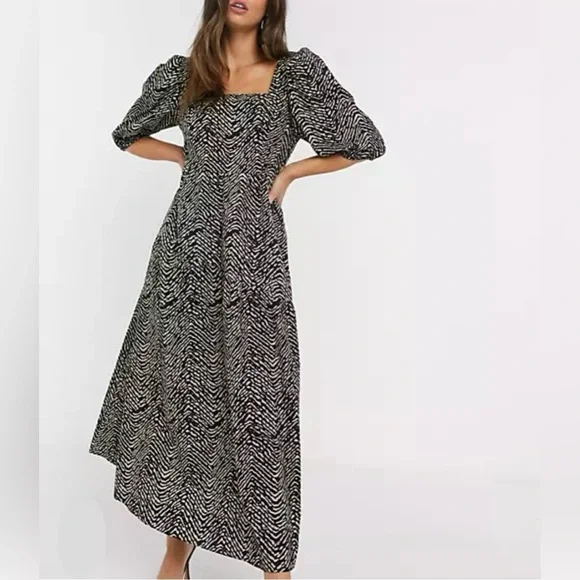 ♦️SOLD♦️ Mango Puff Sleeve Midi Dress Abstract Animal Print Black & Tan Size 10 - Picture 13 of 13